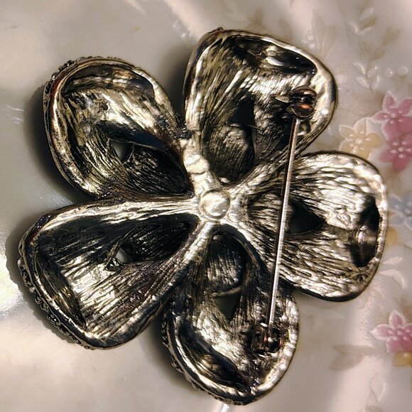 Vtg Black & Clear Pave Rhinestone Flower Mourning Brooch Silver Tone - Picture 4 of 5
